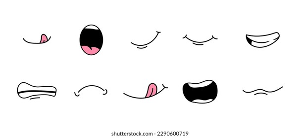 Cartoon mouth. Sad, happy, smiling mouth expression. Vector illustration isolated on white background.