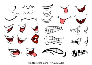 Cartoon Mouth Set. Tongue, Smile, Teeth. Expressive Emotions. Simple flat design isolated on white background