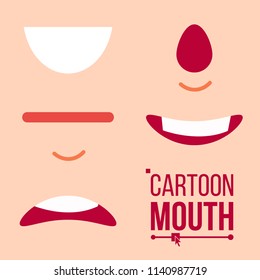 Cartoon Mouth Set Vector. Shock, Shouting, Smiling, Anger. Expressive Emotions. Flat Illustration