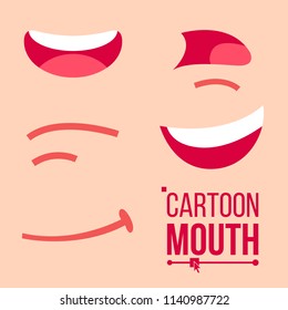 Cartoon Mouth Set Vector. Tongue, Smile, Teeth. Shock, Shouting, Smiling, Anger. Expressive Emotions. Flat Illustration