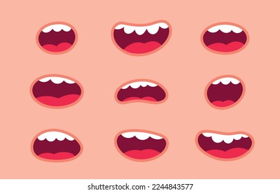 Sonrisa de caricatura. Enfrentar la risa con dientes y lengua. Ilustración vectorial plana