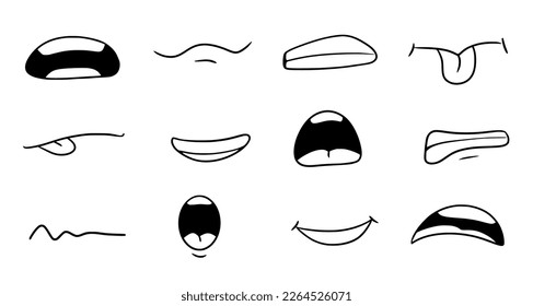 Cartoon mouth smile, happy, sad expression set. Hand drawn doodle mouth, tongue caricature emoji icon. Funny comic doodle style. Vector illustration.