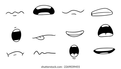 Cartoon mouth smile, happy, sad expression set. Hand drawn doodle mouth, tongue caricature emoji icon. Funny comic doodle style. Vector illustration.