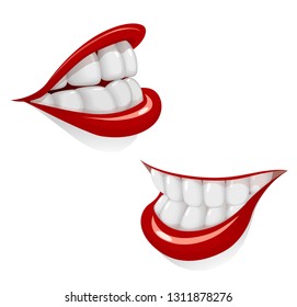 Cartoon mouth with smile. White tooth. Red lip. Dental health. Face Part. Isolated white background. Stomatology. Eps10 vector illustration.