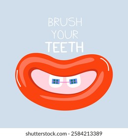 Cartoon mouth with teeth and braces. Braces and bite correction. Dentistry and dental treatment concept. Element for your design of banners, posters