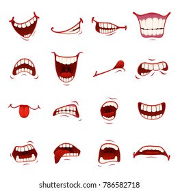 Cartoon mouth with teeth. Dynamic cartoon character mouth animated element to show character emotion and expression, shock, surprise. Vector flat style cartoon illustration isolated, white background