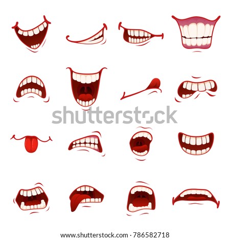 Cartoon mouth with teeth. Dynamic cartoon character mouth animated element to show character emotion and expression, shock, surprise. Vector flat style cartoon illustration isolated, white background