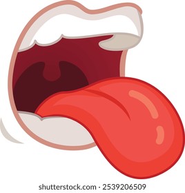 Cartoon mouth with tongue out on white background, focusing on teeth, tongue, and taste buds in red, pink, and white colors. Ideal for creative projects