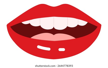 Cartoon mouth with vibrant red lips, displaying bright white teeth, smiling and talking joyfully, isolated on a clean white background, capturing a cheerful expression and friendly emotion
