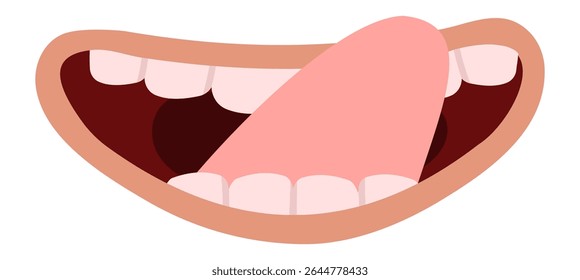 Cartoon mouth wide open, displaying a playful tongue and bright teeth, licking lips in anticipation. Isolated illustration on a clean white background, capturing a cheerful expression