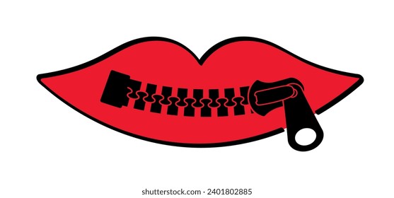 Cartoon mouth, zipper face. Zip fastener with zipper puller. Keeping quiet, silence concept. Keep a secret icon. zippered mouth. closed or open Zippers. Unzip, zipper locks. No speak or talking.