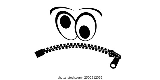 Cartoon mouth, zipper face. Zip fastener with zipper puller. Keeping quiet, silence concept. Keep a secret icon. zippered mouth. closed or open Zippers. Unzip, zipper locks. No speak or talking.