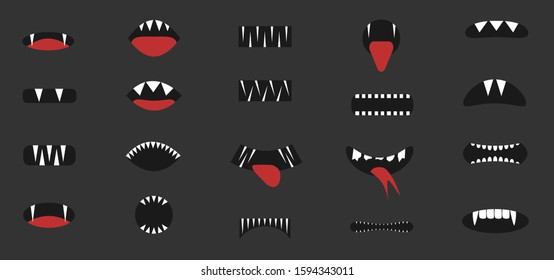 Cartoon mouthes. Cartoon mouth set, mouth with vampire monster fangs and red tongue