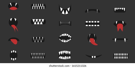 Cartoon mouthes. Cartoon mouth set, mouth with vampire monster fangs and red tongue