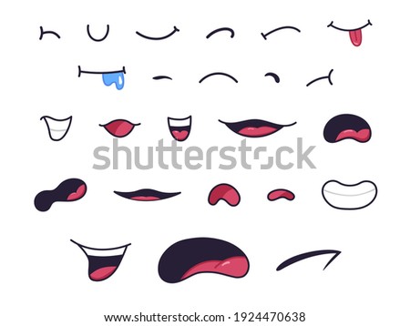 Cartoon mouths. Caricature funny characters' mouthes with lips, teeth and tongue with various expressions. Angry, laugh, smile and sad vector clipart. Illustration of smiling caricature expression