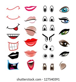 Cartoon Mouths And Eyes - Set, Isolated On White Background - Vector Illustration, Graphic Design. Lot Of Useful Elements For Your Design. Logo Symbol