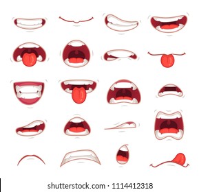 Cartoon Mouths. Facial Expression Surprised Mouth With Teeth Shock Shouting Smiling Humor Grin And Caricature Biting Lip Colorful Set Isolated Symbols Vector Illustration Collection