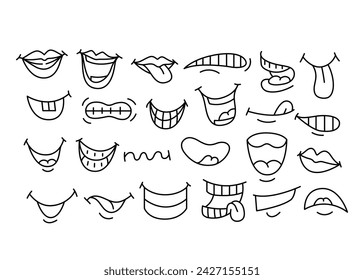 Zeichentrickmund-Linien-Symbole gesetzt. Zeichenflächenelement. Vektor-isoliertes Element. Bearbeitbarer Strich.