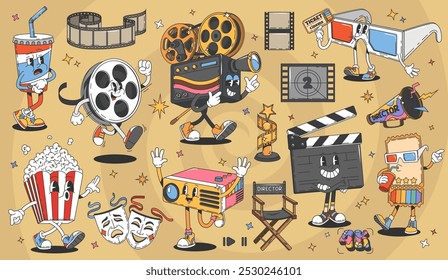 Personajes de cine de dibujos animados groovy. Video Boleto de cine hippie retro, gafas 3d y personajes de Vector de proyector vintage. Cubo de palomitas de cine viejo lindo, soda, carrete de película y tablero de clapperboard