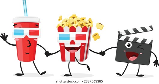 Cartoon Movie clapper with popcorn and drink , set of Cute characters, Isolated on white background