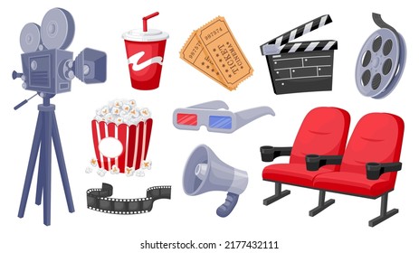 Elementos de la película de dibujos animados. Cámara de bebidas entradas megáfono de palomitas de maíz de cine símbolos 3D, película de movimiento y accesorios para hacer películas. Conjunto aislado de vectores de película popcorn ilustración de cine