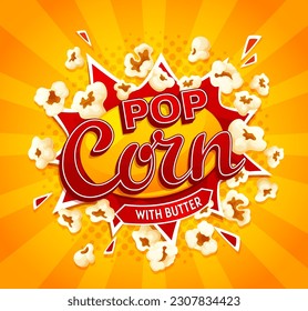 Película de caricatura: estalla maíz pop. Explosión de bocadillos de palomitas. Afiche estilo historietas de arte pop vectorial con maíz explotado en medio tono amarillo fondo con brillo de luz, granos de maíz disperso y rayos