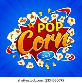 Cartoon movie pop corn burst, popcorn snack explosion, vector poster background. Cinema theater food bar menu, pop corn with salt flavor in explosion, product package or movie film halftone poster