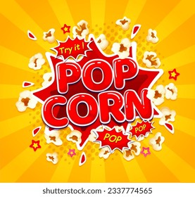 Cartoon movie pop corn burst. Popcorn snack explosion. Vector pop art promotional poster with explode on yellow half tone background with bright stars and rays. Meal ads for watching cinema film