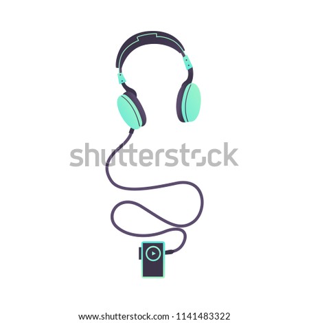 Cartoon mp3 compact player with green headphones with long wires. Musical digital device for jogging, running and active leisure or sport activities. Vector icon illustration