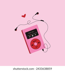 Cartoon MP3 player. Retro music gadget with earphones and screen, portable stereo device with cable and buttons for listening music. Vector flat illustration