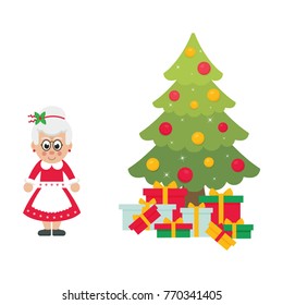 cartoon mrs santa with christmas fir tree 