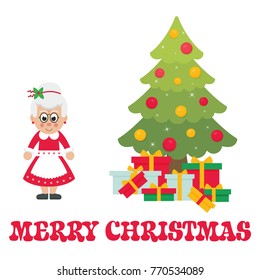 cartoon mrs santa with christmas fir tree and text