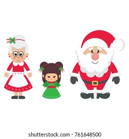 cartoon mrs santa and santa claus with christmas elf