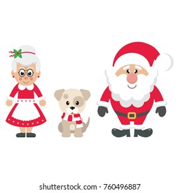 cartoon mrs santa and santa claus with winter dog