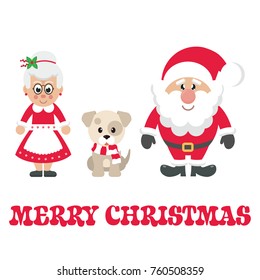 cartoon mrs santa and santa claus with winter dog and text