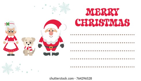 cartoon mrs santa and santa claus with winter dog christmas card