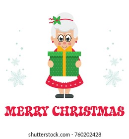 cartoon mrs santa with gift with text