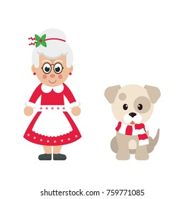 cartoon mrs santa and winter dog