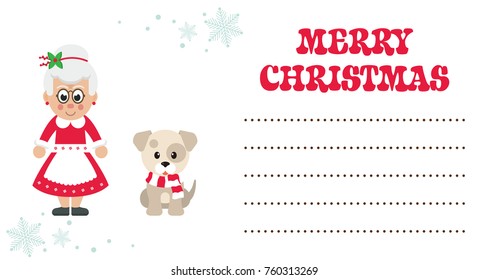 cartoon mrs santa and winter dog christmas card