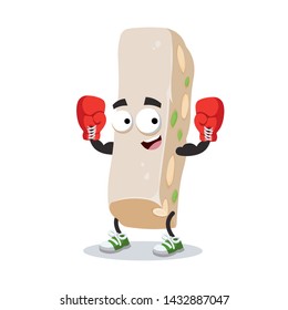 cartoon msweet nougat with nuts mascot in red boxing gloves on white background