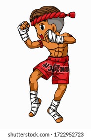 Cartoon Muay Thai in red boxer.Thaere is a message on the red Thai boxing shorts.The translation for the text on the red Thai boxing sports is "Muay Thai"