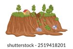 Cartoon mudflow, natural disaster. Landslide, mud stream with stones, washed away houses, mudflows extreme cataclysm disaster flat vector illustration on white background