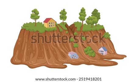 Cartoon mudflow, natural disaster. Landslide, mud stream with stones, washed away houses, mudflows extreme cataclysm disaster flat vector illustration on white background