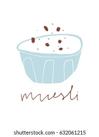 Cartoon muesli bowl. Breakfast vector illustration on the white background