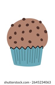 Cartoon muffin with chocolate chips. Vector flat illustration. White background.