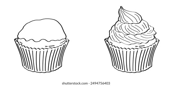 Cartoon Muffin und Cupcake. Logo der Konditorei. Süße, flauschige Muffins oder Cupcakes, leckere Tassenkuchen mit Sahne oder Schokolade. Geburtstagskuchen und Frosting. Partyessen. Backwerkzeuge