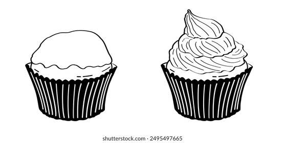 Magdalena de dibujos animados y magdalena. Logotipo de pastelería. Magdalenas dulces y esponjosos o cupcakes. sabroso pastel de taza con crema o chocolate. Pastel de cumpleaños y glaseado. Comida de fiesta. Herramientas de panadería