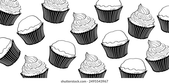 Magdalena de dibujos animados y magdalena. Logotipo de la pastelería. Muffins o cupcakes dulces y esponjosos. sabroso pastel de taza con crema o chocolate. Pastel de cumpleaños y glaseado. Comida de fiesta. Herramientas de panadería