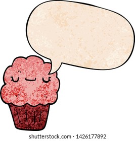 muffin de dibujos animados con burbuja de habla en estilo de textura retro