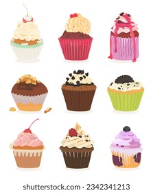 Ilustración de muffins de dibujos animados Set. Dulces y deliciosos quequitos con crema de chocolate.